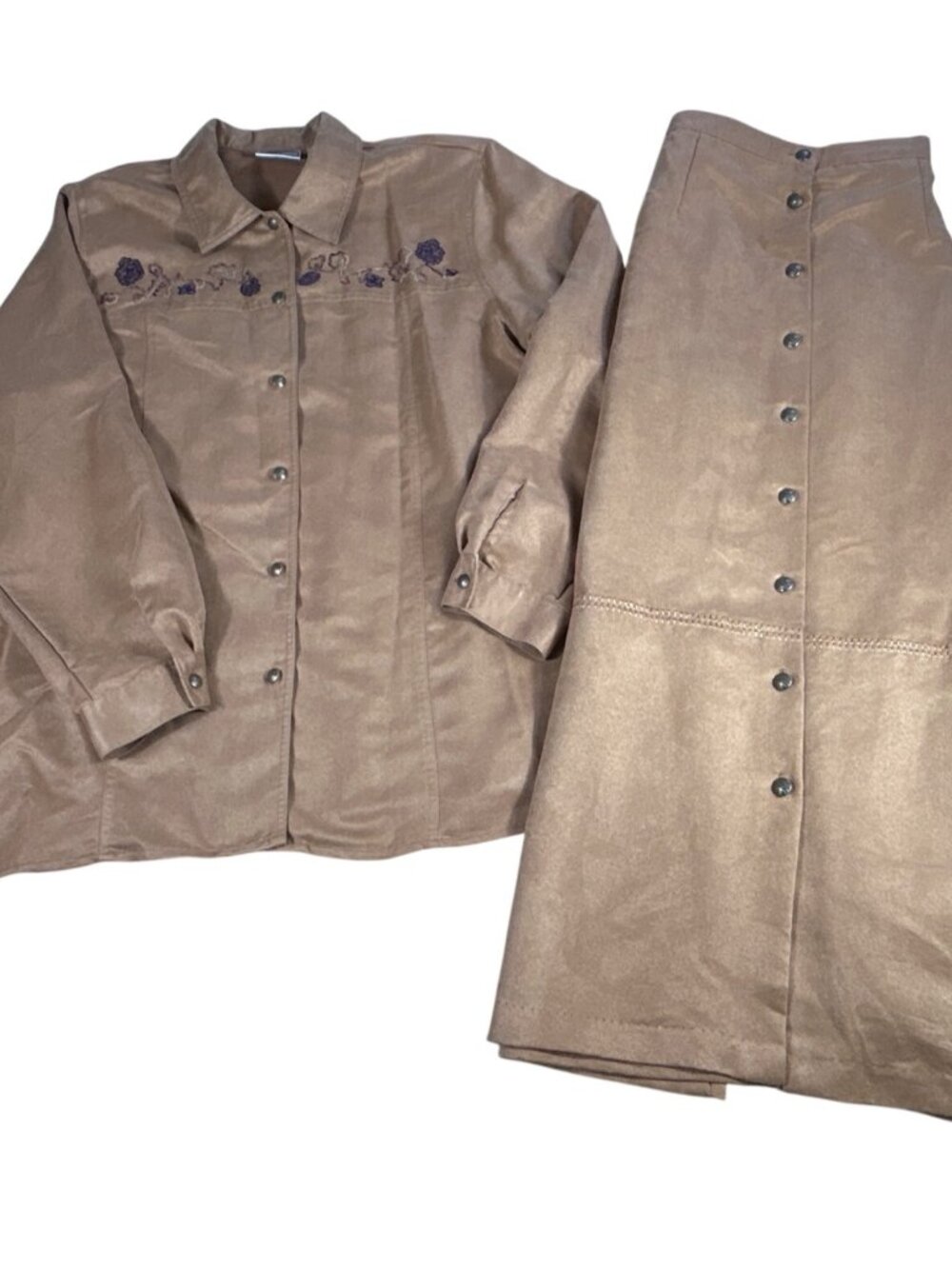 VTG Napa Valley 2 Piece Set Embroidered Shirt XL & Button-Up Skirt 16 Tan Brown